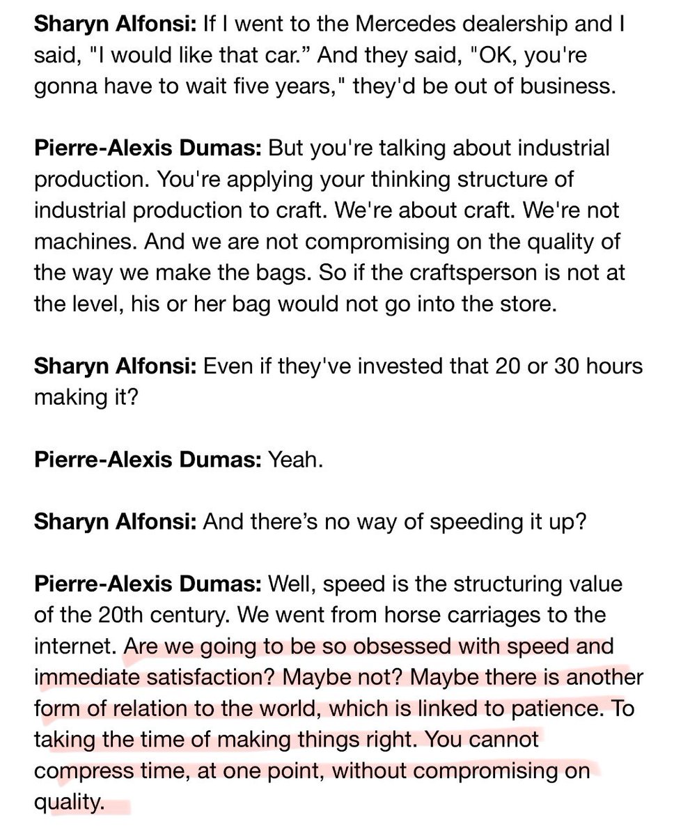 TrungTPhan's tweet photo. 60 Minutes interviewed Hermes artistic director Pierre-Alexis Dumas, a 6th generation descendant of the Hermes founder.

They asked him why it took so long to make Birkin/Kelly Bags (20-30 hours by one artisan) and if there was a way to speed it up.

Dumas cooked with his answer: https://t.co/4cIv1dhRD5