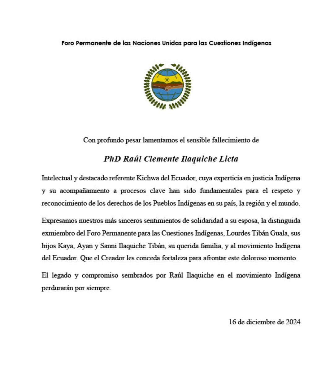Con profundo pesar lamentamos el sensible fallecimiento de <a href="/raulilaquiche/">Raul ILaquiche</a>. Intelectual y destacado referente Kichwa de Ecuador. 
Expresamos nuestros más sinceros sentimientos de solidaridad a <a href="/lourdestiban1/">Lulu Tiban</a> distinguida exmiembro del Foro, hijos y familia