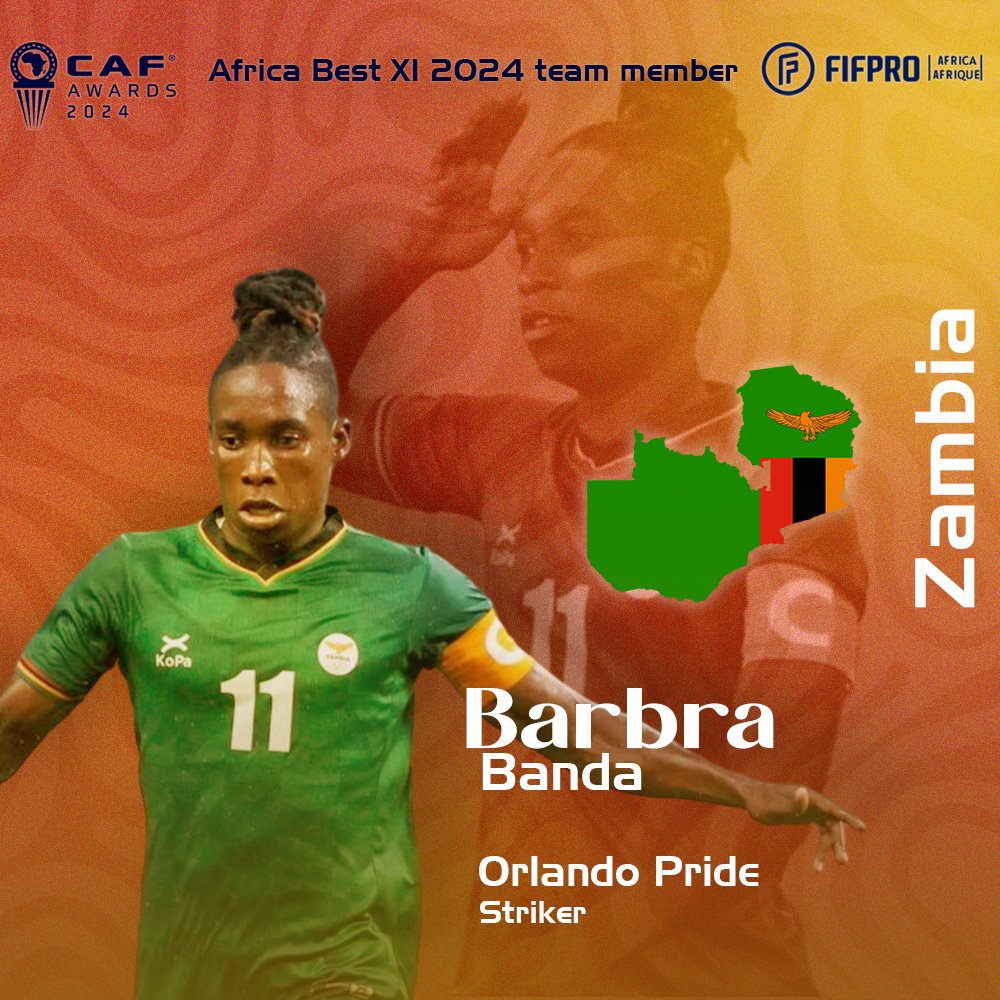 FIFPro Africa (@fifproafrica) on Twitter photo 👋Congratulations to <a href="/BarbraBanda11/">Barbra Banda</a>, striker @OrlPride and <a href="/Copper_Queens/">Zambia WNT</a>, elected by the players in the best women team on the continent, <a href="/FIFProAfrica/">FIFPro Africa</a>/<a href="/CAF_Online/">CAF_Online</a> #AfricaBestXI 2024... 👋Congratulations to <a href="/BarbraBanda11/">Barbra Banda</a>, striker @OrlPride and <a href="/Copper_Queens/">Zambia WNT</a>, elected by the players in the best women team on the continent, <a href="/FIFProAfrica/">FIFPro Africa</a>/<a href="/CAF_Online/">CAF_Online</a> #AfricaBestXI 2024...