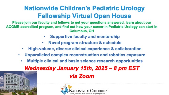 Pediatric Urology, Nationwide Children's Hospital (@nchurology) on Twitter photo <a href="/NCHUrology/">Pediatric Urology, Nationwide Children's Hospital</a> Fellowship Virtual Open House on January 15th, 2025 (8 pm EST) - please register here: redcap.nchri.org/surveys/?s=LMD… to meet our faculty and fellows, learn about the training program and have your questions answered! <a href="/NCHUrology/">Pediatric Urology, Nationwide Children's Hospital</a> Fellowship Virtual Open House on January 15th, 2025 (8 pm EST) - please register here: redcap.nchri.org/surveys/?s=LMD… to meet our faculty and fellows, learn about the training program and have your questions answered!