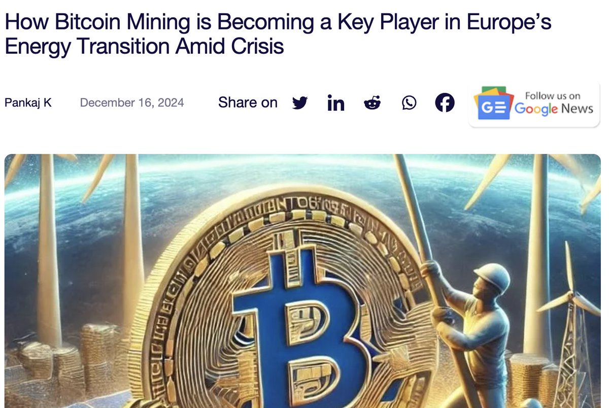 DSBatten's tweet photo. One of the most bullish (and accurate) articles about how Bitcoin mining helps EU out of the energy crisis yet

"Bitcoin miners are playing a crucial role in stabilizing Europe’s energy grid, utilizing surplus energy, and aiding the integration of renewable energy sources"

https://t.co/TaI6eSf78K @thecurrencyA