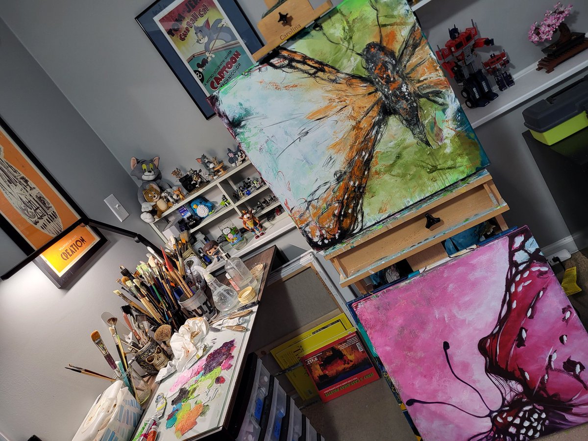 The latest paintings that I just finished today. Both are from reclaimed paintings that have been sitting in storage for a while. I should have better photos later this week. #abstract #butterfly #nature