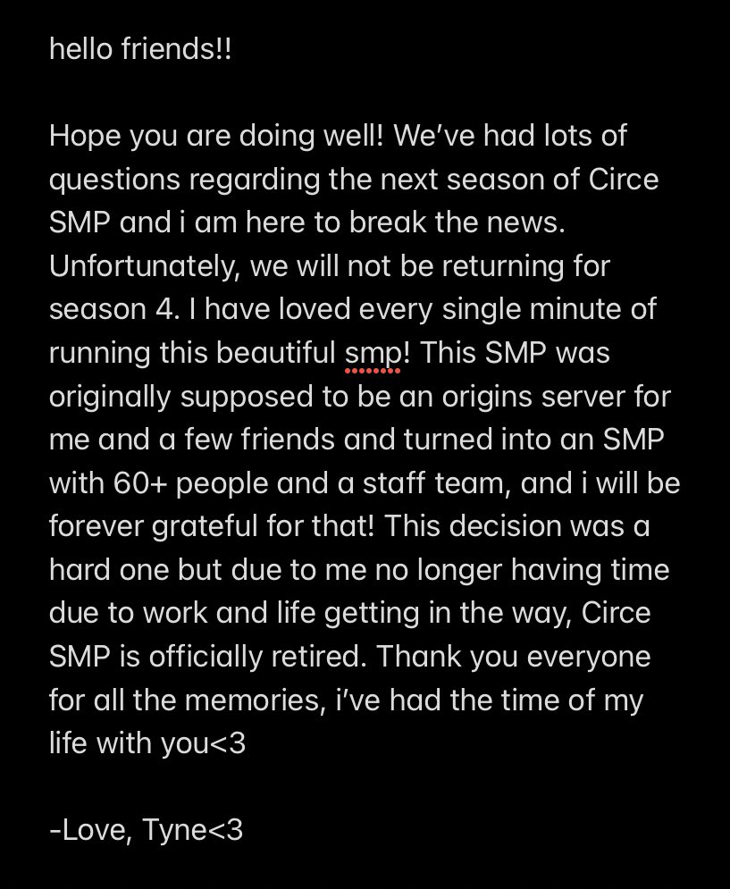 circesmp's tweet photo. there is so much more i could say, i’ve met some of my favourite people ever from this SMP, thank you guys for everything<3

-tyne https://t.co/NFBI1F00dO