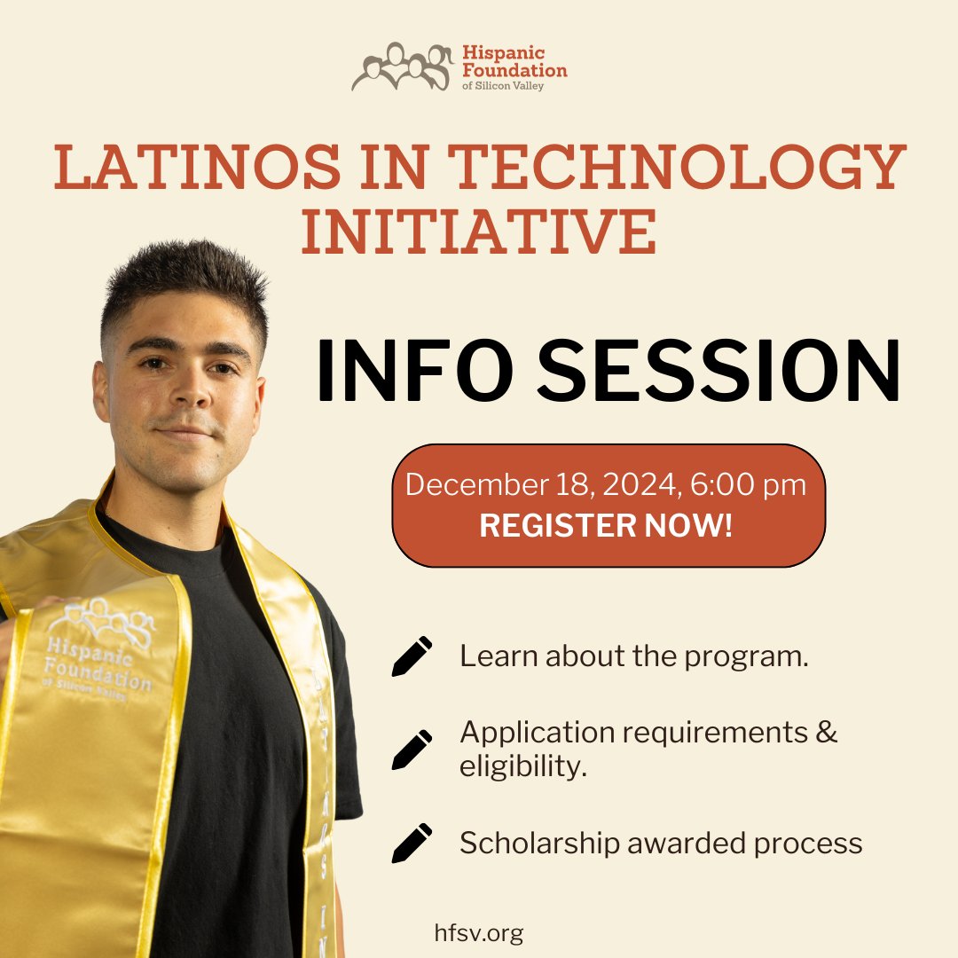 HFSVpage's tweet image. Register today 👉docs.google.com/forms/d/e/1FAI… 

Join us for a virtual informational session on Wednesday, December 18th, at 6 p.m. You’ll learn more about the Latinos in Technology Initiative and its benefits, the application deadline, the process, and more. #HFSV #LatinosinSTEM