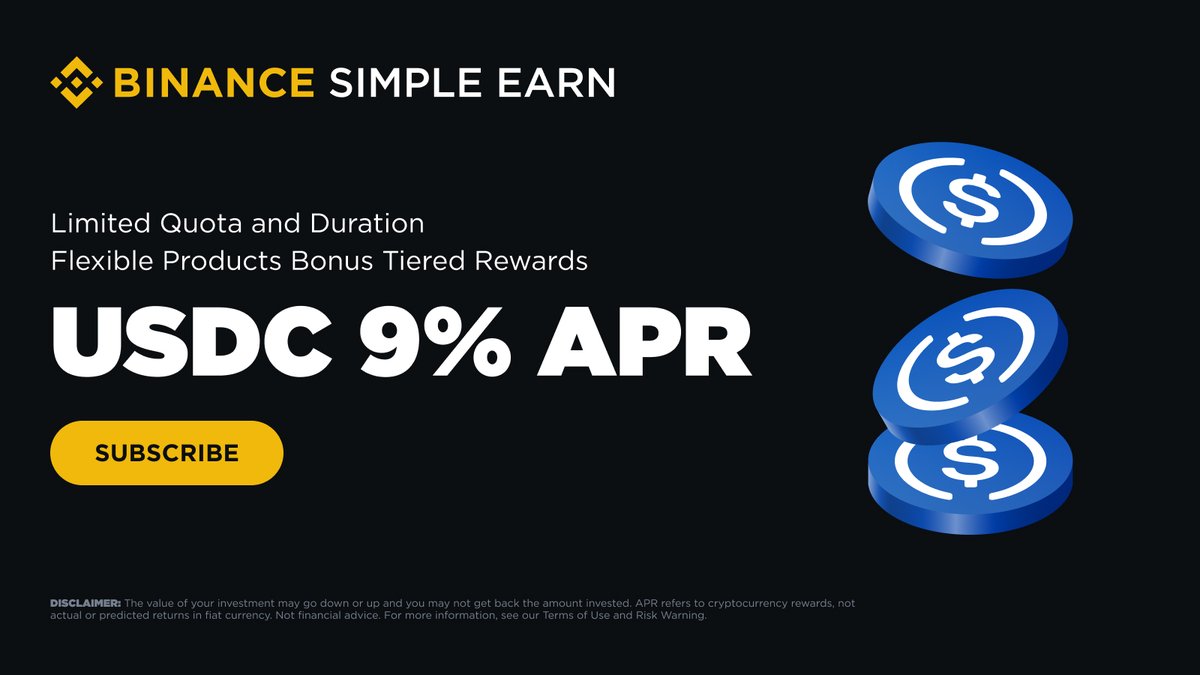 binance's tweet photo. Looking for a smarter way to grow your USDC? 

With Binance Simple Earn, you can earn up to 9% Bonus Tiered APR. 

Get started here ➡️ https://t.co/wi5TKUpg7h https://t.co/c8QJnnfrzN