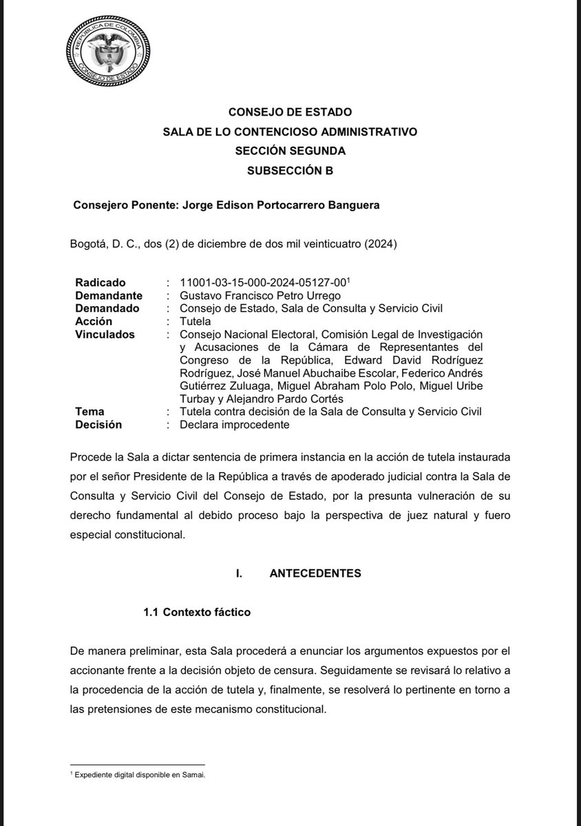 ricarospina's tweet photo. Atención: El @consejodeestado declaró improcedente la tutela con la que el Presidente @petrogustavo buscaba dejar sin efecto el pliego de cargos del @CNE_COLOMBIA en su contra por haber presuntamente violado los topes de financiación de su campaña en 2022 en más de 5.000 millones de pesos. Vía @UltimaHoraBLU @BluRadioCo
