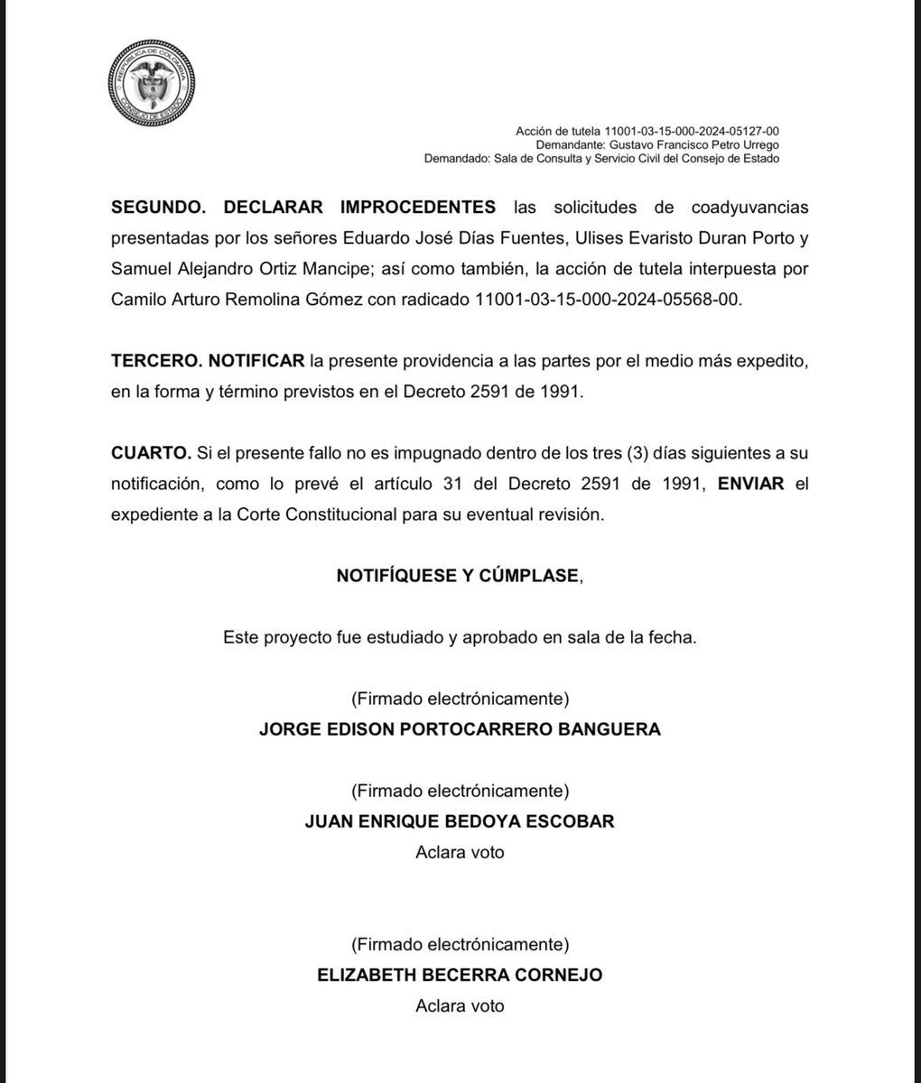 ricarospina's tweet photo. Atención: El @consejodeestado declaró improcedente la tutela con la que el Presidente @petrogustavo buscaba dejar sin efecto el pliego de cargos del @CNE_COLOMBIA en su contra por haber presuntamente violado los topes de financiación de su campaña en 2022 en más de 5.000 millones de pesos. Vía @UltimaHoraBLU @BluRadioCo
