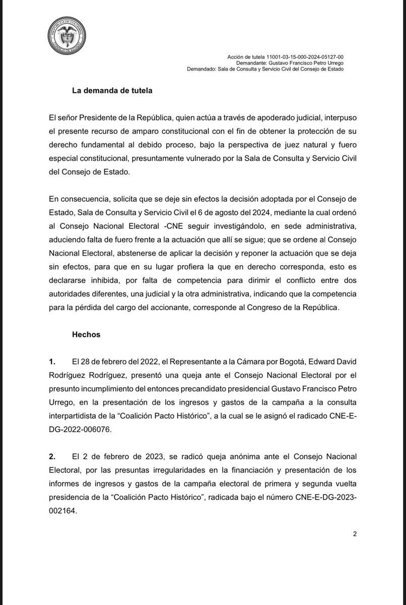 ricarospina's tweet photo. Atención: El @consejodeestado declaró improcedente la tutela con la que el Presidente @petrogustavo buscaba dejar sin efecto el pliego de cargos del @CNE_COLOMBIA en su contra por haber presuntamente violado los topes de financiación de su campaña en 2022 en más de 5.000 millones de pesos. Vía @UltimaHoraBLU @BluRadioCo