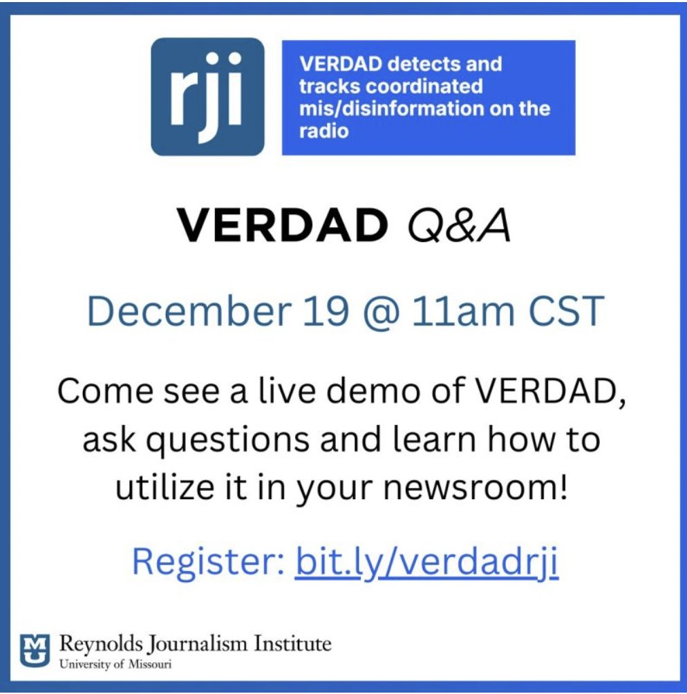 Dec 19th. Join <a href="/RJI/">RJI</a> for a webinar to learn about VERDAD, the groundbreaking new tool that monitors disinformation on Spanish and Arabic language radio stations in the U.S. bit.ly/verdadrji