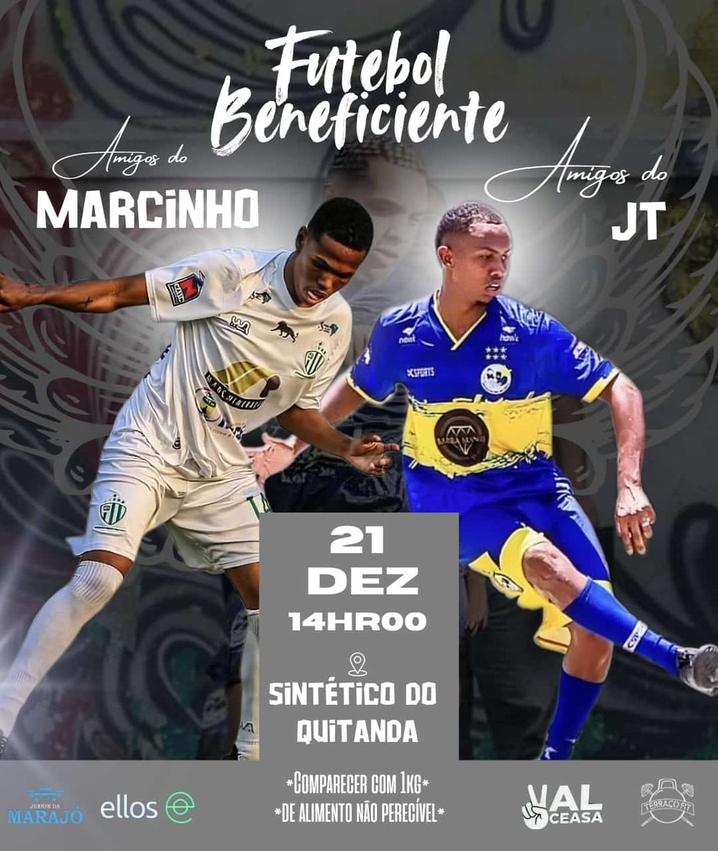 Todos por um só propósito, ajudar a quem precisa. Compareçam com 1kg de alimento e venha prestigiar nossa 4°edição do Futebol Beneficente Amigos de Marcinho x Amigos de JT 🙏⚽🚀🤜🏾🤛🏾