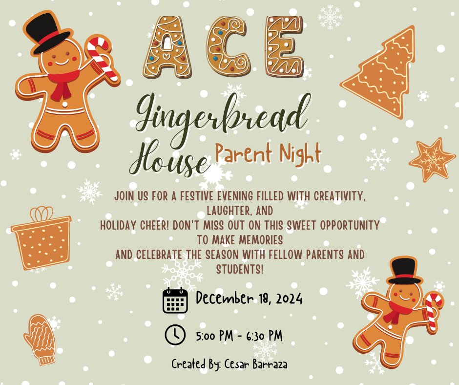 HMSHAWKS_CISD's tweet image. 🎉 Attention ACE Parents! Join us for a Gingerbread House Parent Night on December 18 from 5:00 PM to 6:30 PM! 🏠✨ Let’s create sweet memories together! Who's excited? #ACEProgram #GingerbreadNight