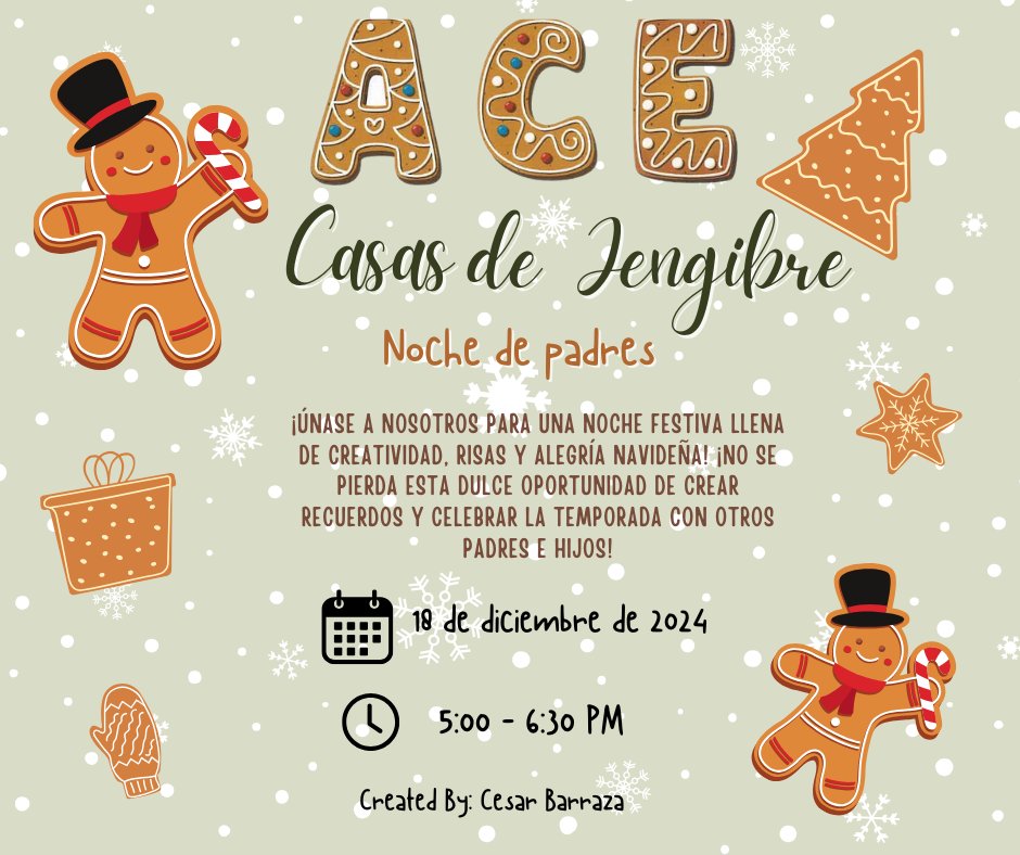 HMSHAWKS_CISD's tweet image. 🎉 Attention ACE Parents! Join us for a Gingerbread House Parent Night on December 18 from 5:00 PM to 6:30 PM! 🏠✨ Let’s create sweet memories together! Who's excited? #ACEProgram #GingerbreadNight