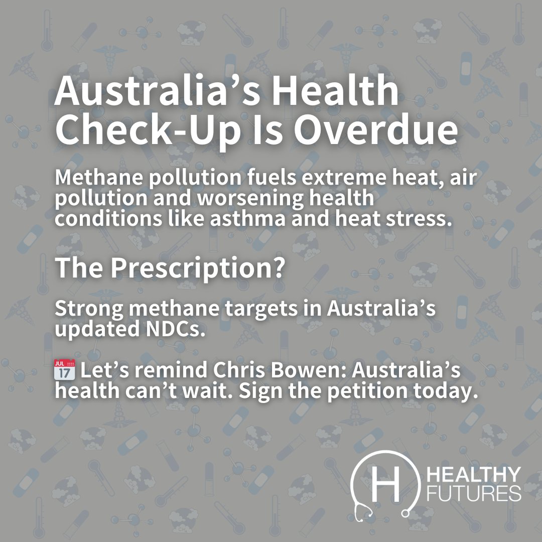 🩺 Australia's Health Check-Up Is Overdue 🩺

It’s time for strong methane targets in Australia’s NDCs. Let’s remind Chris Bowen: Australia’s health can’t wait.

📝 Sign the petition: healthyfutures.net.au/methane_ndc_pe…
