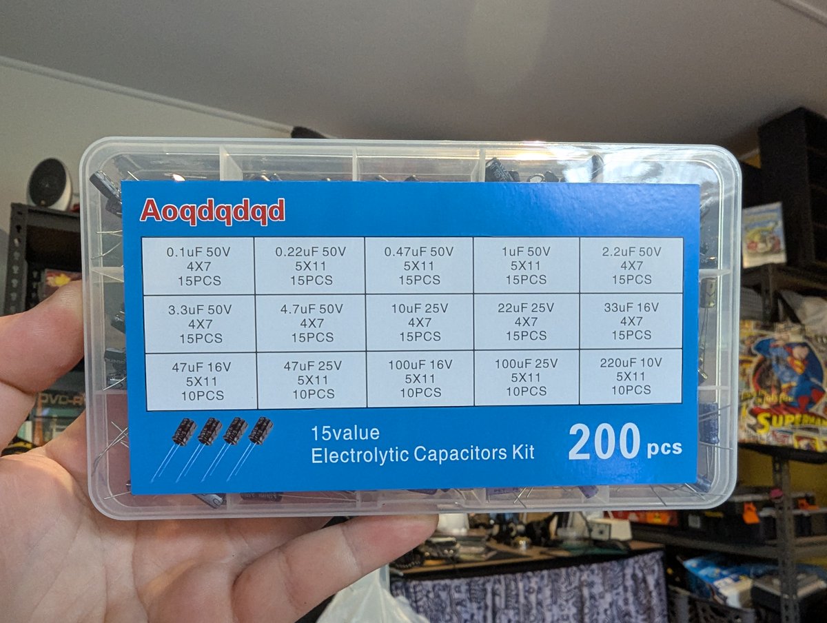TinkTimeAU's tweet photo. Just grabbed this cheap electrolytic capacitor kit for some breadboard tinkering. Brand name? "Aoqdqdqd", looks like they let a cat stroll across the keyboard or perhaps they borrowed inspiration from my file naming habits 😂 https://t.co/hs4eBaFn7h