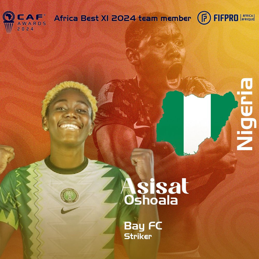 FIFPro Africa (@fifproafrica) on Twitter photo 👋Congratulations to <a href="/AsisatOshoala/">ASISAT M.O.N</a>, striker <a href="/wearebayfc/">Bay Football Club</a> and Nigeria national team, elected by the players in the best women team on the continent, <a href="/FIFProAfrica/">FIFPro Africa</a>/<a href="/CAF_Online/">CAF_Online</a> #AfricaBestXI 2024... 👋Congratulations to <a href="/AsisatOshoala/">ASISAT M.O.N</a>, striker <a href="/wearebayfc/">Bay Football Club</a> and Nigeria national team, elected by the players in the best women team on the continent, <a href="/FIFProAfrica/">FIFPro Africa</a>/<a href="/CAF_Online/">CAF_Online</a> #AfricaBestXI 2024...