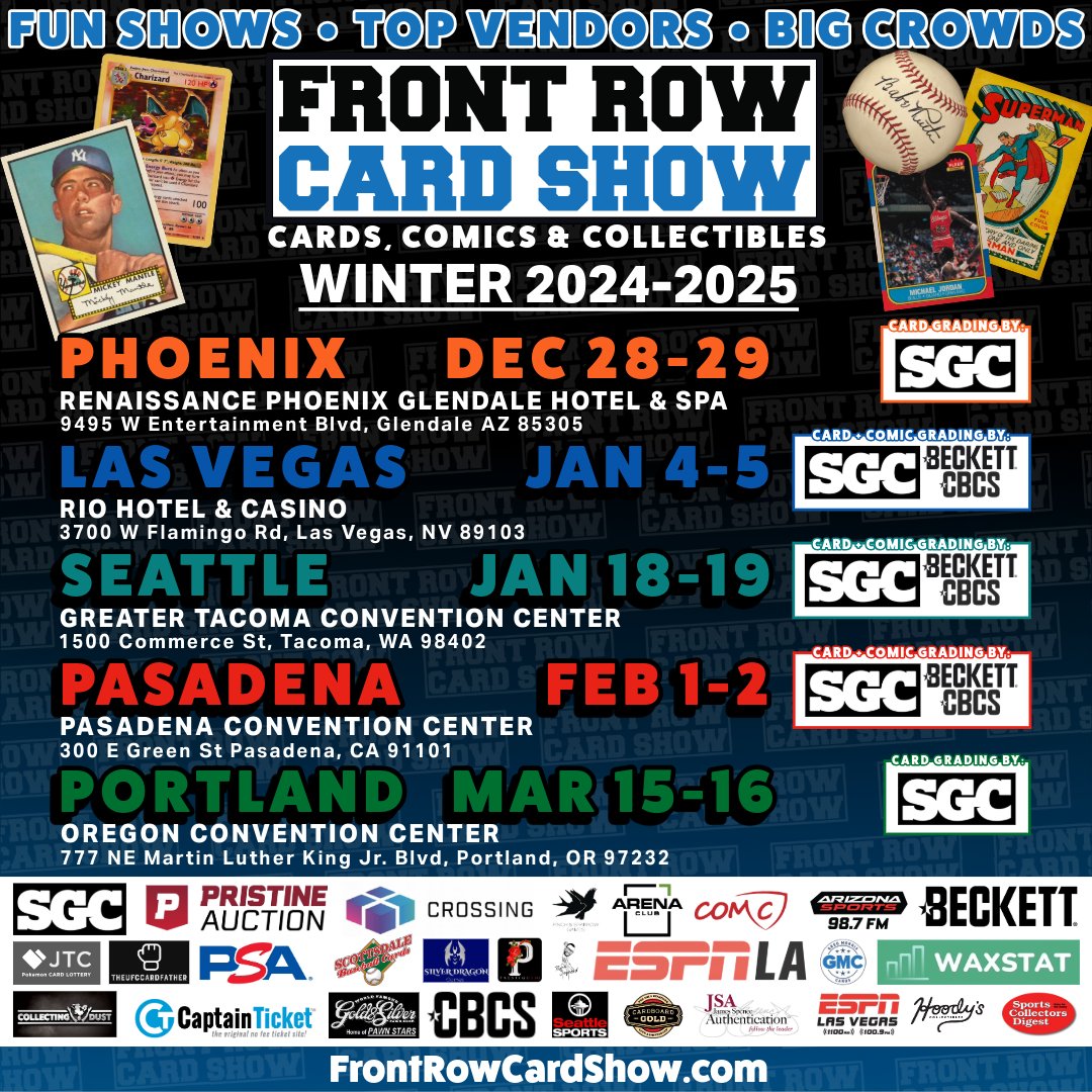 Great shows coming to Phoenix, Las Vegas, Seattle, Pasadena and Portland! FrontRowCardShow.com #frontrowcardshow #cardshow #thehobby