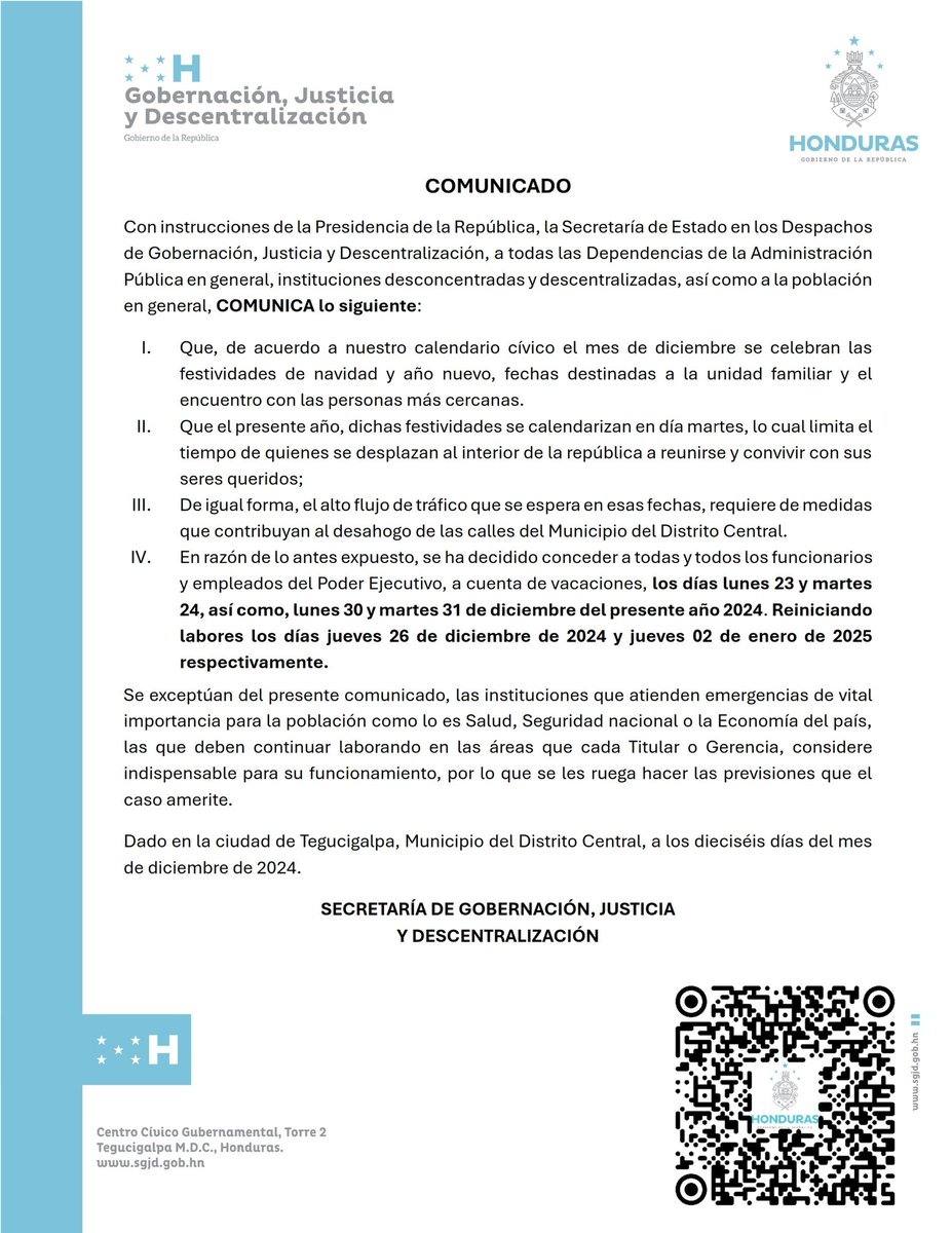 SEGOB_HN's tweet photo. Atención Empleados Públicos y Población en General https://t.co/e2YArIALbf