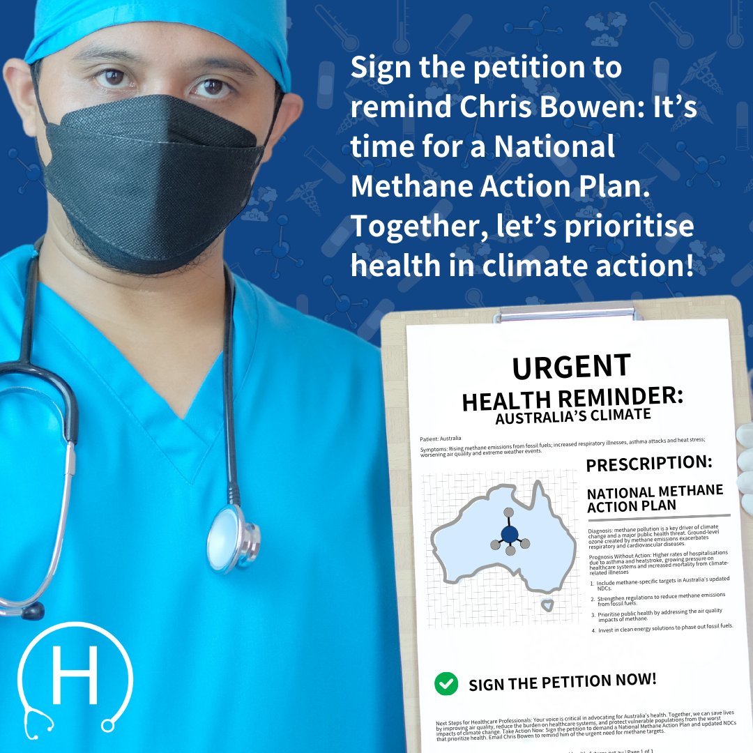 🩺 Australia’s climate needs a health check-up.

Methane is 80x more potent than CO₂ over 20 years, driving asthma, heat stress &amp; strain on our hospitals.

📢 A National Methane Action Plan will clean the air &amp; protect our health.

Sign the petition 👉 healthyfutures.net.au/methane_ndc_pe…