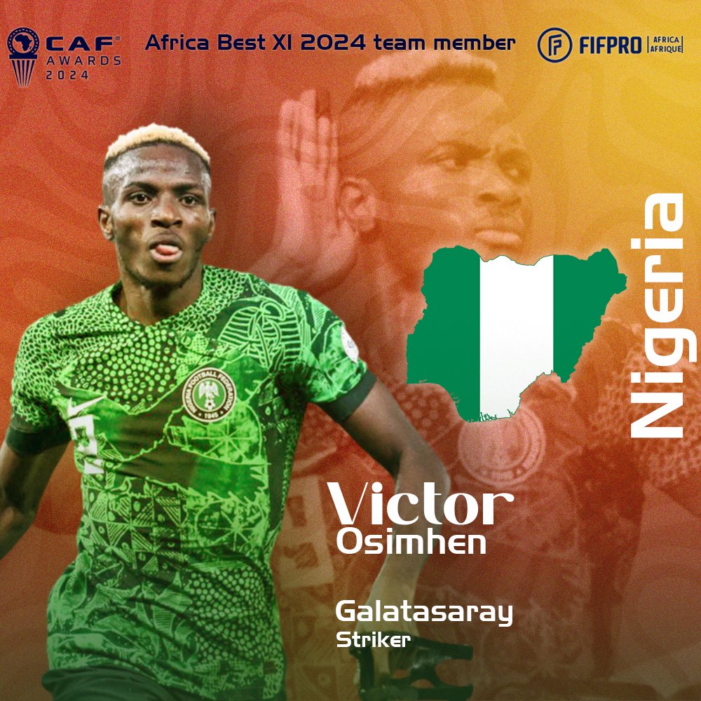 FIFPro Africa (@fifproafrica) on Twitter photo 👋Congratulations to <a href="/victorosimhen9/">Victor Osimhen</a>, striker <a href="/GalatasaraySK/">Galatasaray SK</a> and <a href="/NGSuperEagles/">🇳🇬 Super Eagles</a>, elected by the players in the best men team on the continent, <a href="/FIFProAfrica/">FIFPro Africa</a>/<a href="/CAF_Online/">CAF_Online</a> #AfricaBestXI 2024. 👋Congratulations to <a href="/victorosimhen9/">Victor Osimhen</a>, striker <a href="/GalatasaraySK/">Galatasaray SK</a> and <a href="/NGSuperEagles/">🇳🇬 Super Eagles</a>, elected by the players in the best men team on the continent, <a href="/FIFProAfrica/">FIFPro Africa</a>/<a href="/CAF_Online/">CAF_Online</a> #AfricaBestXI 2024.
