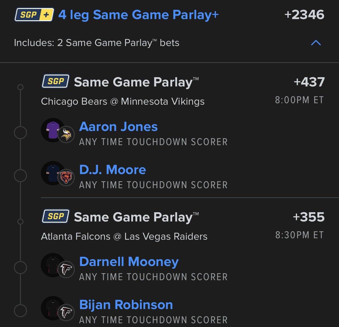 ___yert's tweet photo. 4 leg anytime td scorer parlay

#GamblingX #NFL https://t.co/acH1Kd15Or