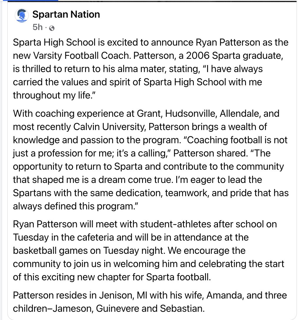 Sparta High School has hired Ryan Patterson as its new head football coach.
He was the tight ends coach at Calvin this past season. He also has been an assistant at Grant, Allendale and Hudsonville.