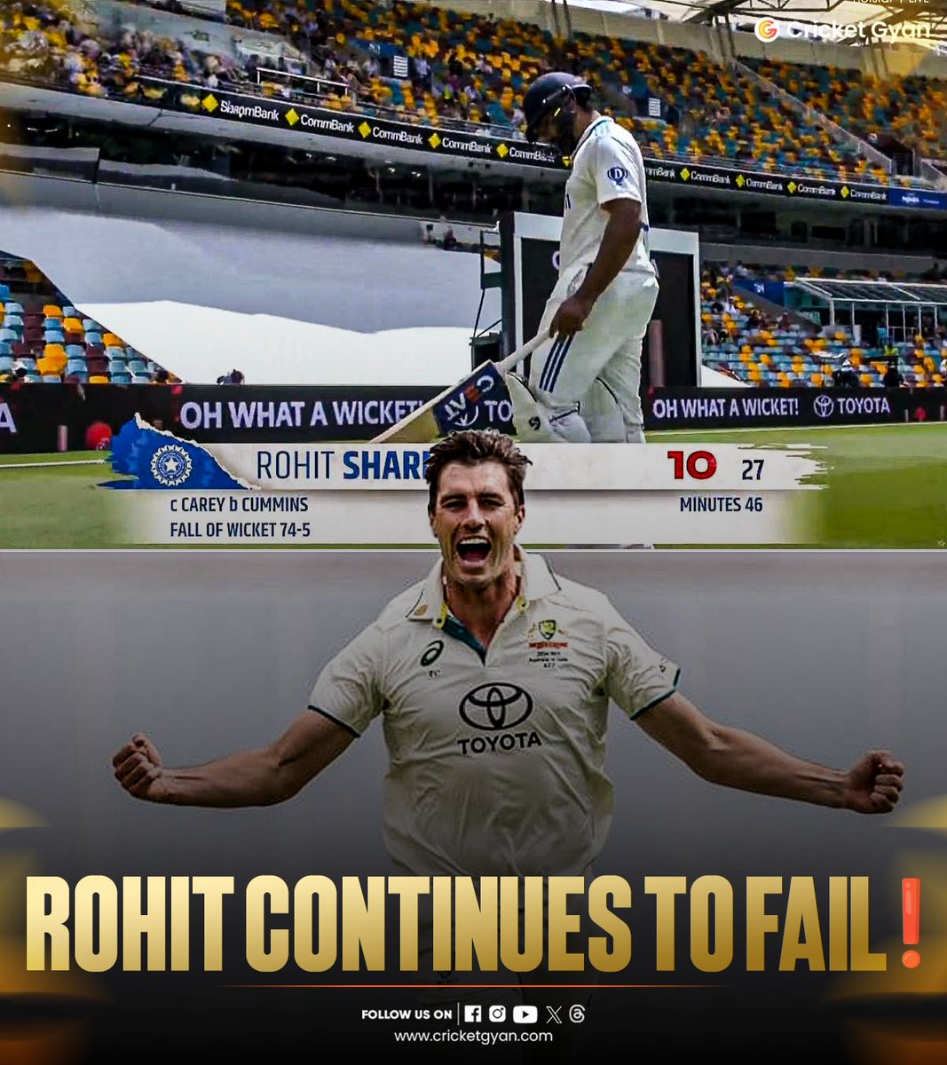 cricketgyann's tweet photo. Rohit Sharma fails again ❗
Indian Skipper Rohit Sharma poor outing continues as he is caught behind by Pat Cummins ❌
.
.
📸 Disney+Hotstar
.
#ausvsind #bordergavaskartrophy #3rdtestmatch #rohitsharma #patcummins #cricketupdates #cricketexplorer #explorepage #trendingpost #cricketnews #cricketgyan
