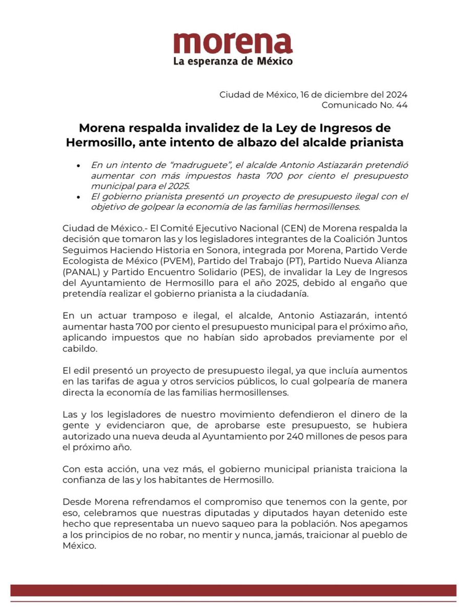 PartidoMorenaMx's tweet photo. 📰 #MorenaInforma | Morena respalda invalidez de la Ley de Ingresos de #Hermosillo, ante intento de albazo del alcalde prianista

🔹En un intento de "madruguete", el alcalde Antonio Astiazarán pretendió aumentar con más impuestos hasta 700 por ciento el presupuesto municipal para el 2025.
🔹 El gobierno prianista presentó un proyecto de presupuesto ilegal con el objetivo de golpear la economía de las familias hermosillenses.

🔗 https://t.co/I6IZ2ua30d