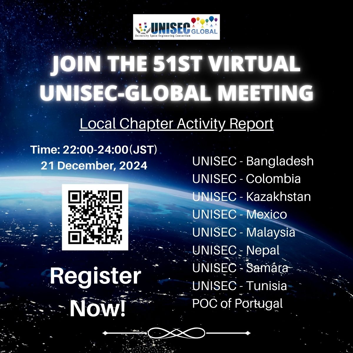 🚀We are excited to invite you to join us for the upcoming the 51st Virtual UNISEC-Global Meeting!🛰️
🗓️Date: December 21, 2024
⏰Time: 22:00 - 24:00 (JST)
📒Theme: Local Chapter Activity Report

Register now: unisec-global.org/virtual-meetin…
We look forward to your participation!