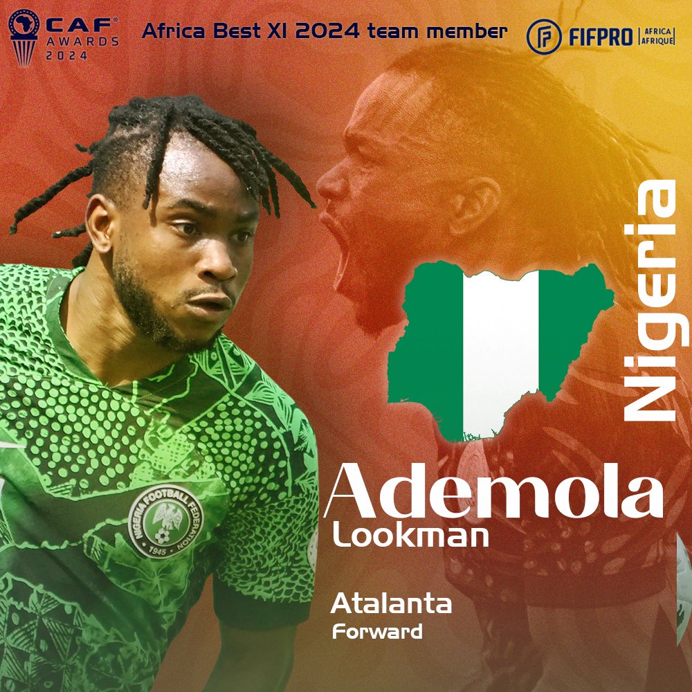 FIFPro Africa (@fifproafrica) on Twitter photo 👋Congratulations to <a href="/Alookman_/">Ademola Lookman</a>, forward <a href="/Atalanta_BC/">Atalanta B.C.</a> and <a href="/NGSuperEagles/">🇳🇬 Super Eagles</a>, elected by the players in the best men team on the continent, <a href="/FIFProAfrica/">FIFPro Africa</a>/<a href="/CAF_Online/">CAF_Online</a> #AfricaBestXI 2024. 👋Congratulations to <a href="/Alookman_/">Ademola Lookman</a>, forward <a href="/Atalanta_BC/">Atalanta B.C.</a> and <a href="/NGSuperEagles/">🇳🇬 Super Eagles</a>, elected by the players in the best men team on the continent, <a href="/FIFProAfrica/">FIFPro Africa</a>/<a href="/CAF_Online/">CAF_Online</a> #AfricaBestXI 2024.