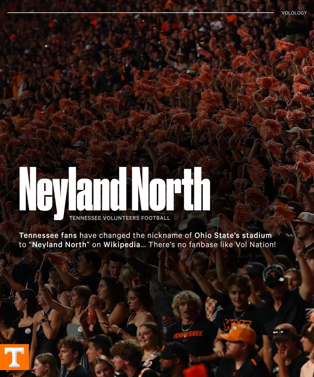 Volology's tweet photo. Tennessee fans have changed the nickname of Ohio State’s stadium to “Neyland North” on Wikipedia… 🤣🍊

Vol Nation is one of one!

#GBO https://t.co/CNiSu2DfuO
