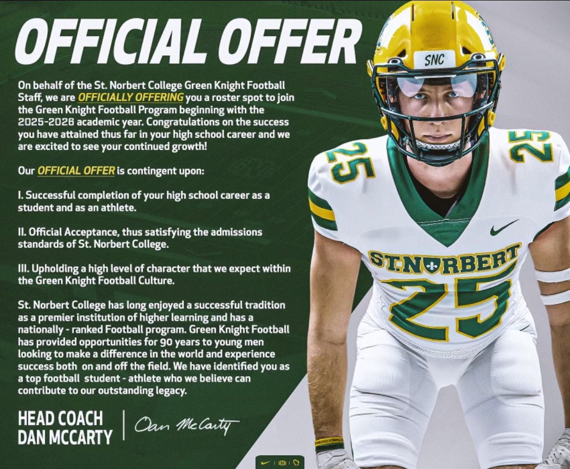 Jack Ginnan (@ginnanjack) on Twitter photo After a great conversation and visit at St Norbert I’m very excited to announce I’ve received an official offer to play at the next level! Thank you <a href="/CharlieDrewek/">Charlie Drewek</a> and <a href="/CoachDanMcCarty/">Coach McCarty</a> for this wonderful opportunity.
<a href="/coachpistorio/">Pat Pistorio</a> <a href="/SEHSSTORMFB/">South Elgin High School Storm Football</a> <a href="/sehssports/">SEHS Storm Athletics</a> <a href="/PrepRedzoneIL/">Prep Redzone Illinois</a> After a great conversation and visit at St Norbert I’m very excited to announce I’ve received an official offer to play at the next level! Thank you <a href="/CharlieDrewek/">Charlie Drewek</a> and <a href="/CoachDanMcCarty/">Coach McCarty</a> for this wonderful opportunity.
<a href="/coachpistorio/">Pat Pistorio</a> <a href="/SEHSSTORMFB/">South Elgin High School Storm Football</a> <a href="/sehssports/">SEHS Storm Athletics</a> <a href="/PrepRedzoneIL/">Prep Redzone Illinois</a>