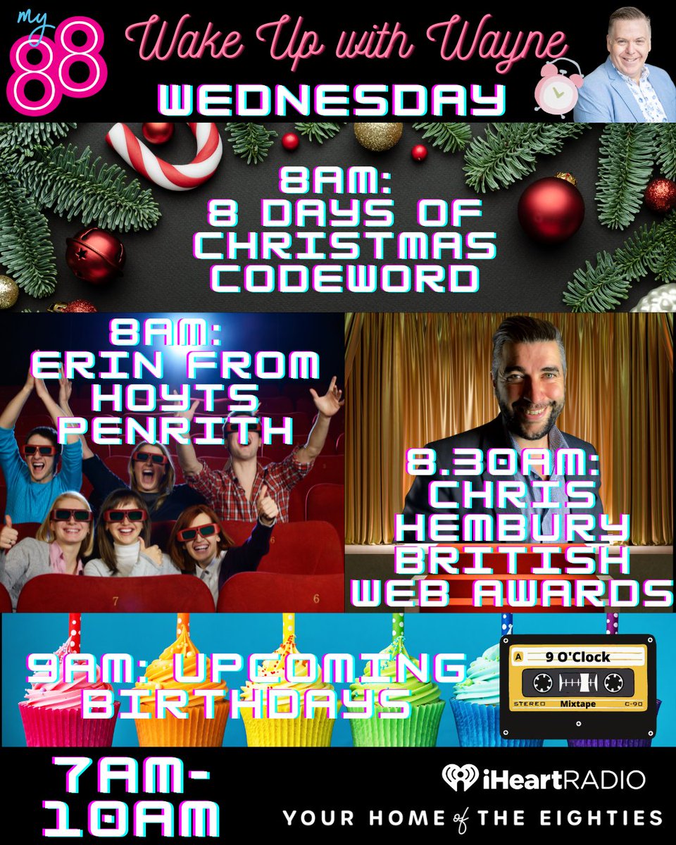 My88_FM's tweet photo. Tomorrow on brekky:
8am: Another 8 Days of Christmas codeword
8am: Erin from Hoyts Penrith
8.30: #WebSeriesWednesday with Chris Hembury from the @britishwebaward
#9OClockMixTape: Celebrating the birthdays of artists we'll miss while on holidays
Stream: https://t.co/bqfAV4r1N5 https://t.co/XjmQev30Sm