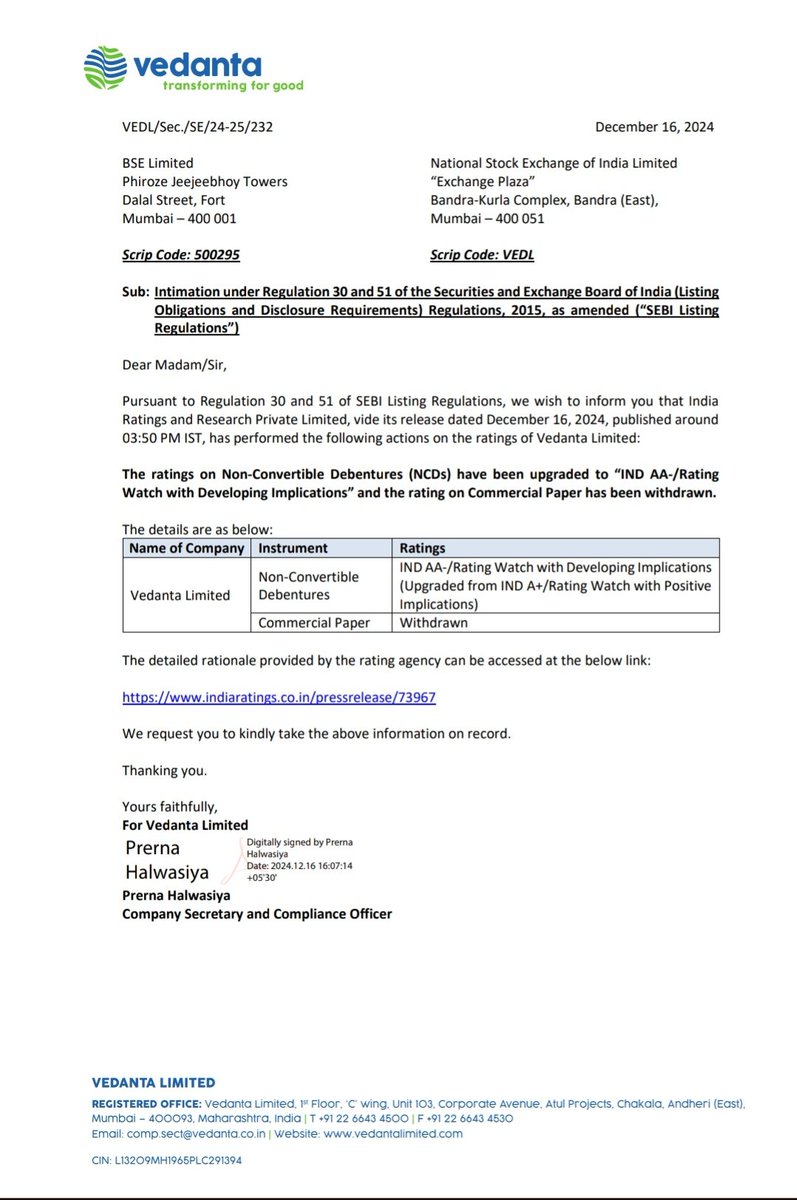 Piyush0240's tweet photo. Vedanta dividend declaration is good but most important is the rating upgrade of NCDs and that gives a huge confidence to the investors.

@business @markets #Vedanta @ZeeBusiness @AnilSinghvi_ #Nifty
@CNBC_Awaaz @ETNOWlive @CNBC_Awaaz @NDTVProfitIndia https://t.co/mVbylQkrSL