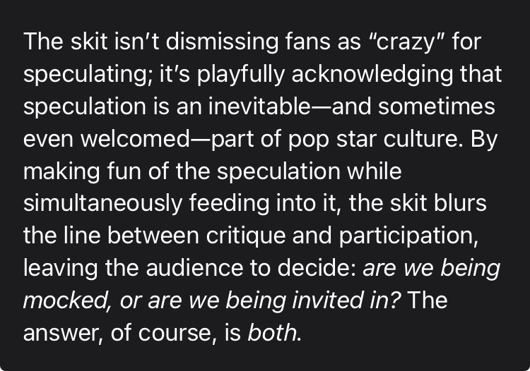 Good satire often operates on multiple levels. This doesn’t just ridicule the idea of speculation; it also highlights the allure and absurdity of it. The humor comes from how obvious the queer hints are while the character pretends to be baffled that no one is picking up on them.