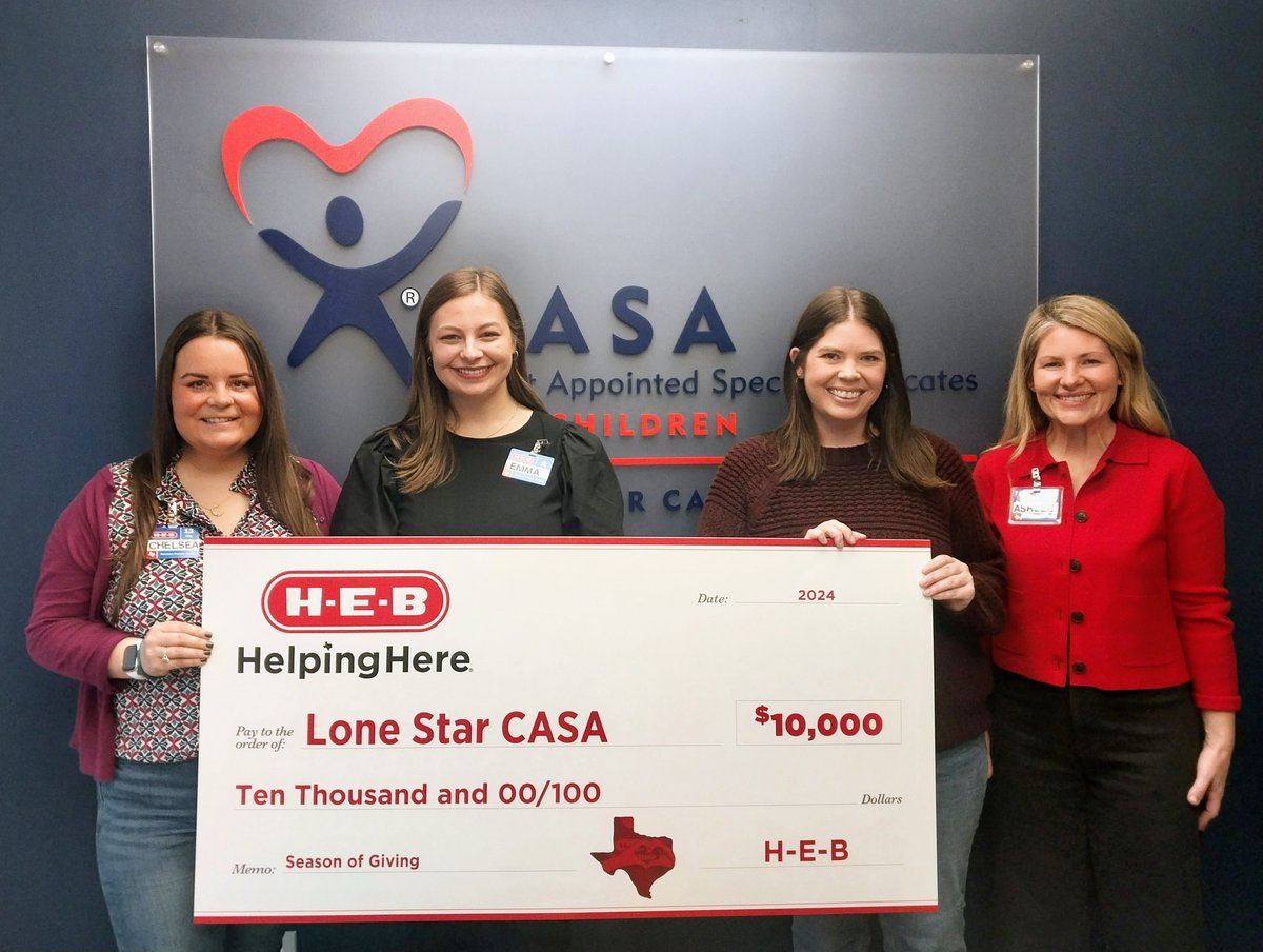 We are beyond grateful to <a href="/HEB/">H-E-B</a> for their incredible generosity! 🙏 Today, they blessed us with a check for $10,000! This donation will help us continue supporting the amazing work we do for CASA kids and families in our community.
#HEBHelpingHere #ThankYouHEB #Grateful #CASA