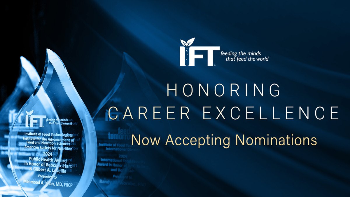 IFT's tweet image. There's just 1 month left to submit nominations for the 2025 IFT Achievement Awards &amp;amp; IFT Fellows! ⏳ Applications close Jan. 15, 2025.

Shine a light on those making a positive impact in the #scienceoffood community. Learn more: hubs.la/Q02_RMT50 #IFTCelebrates