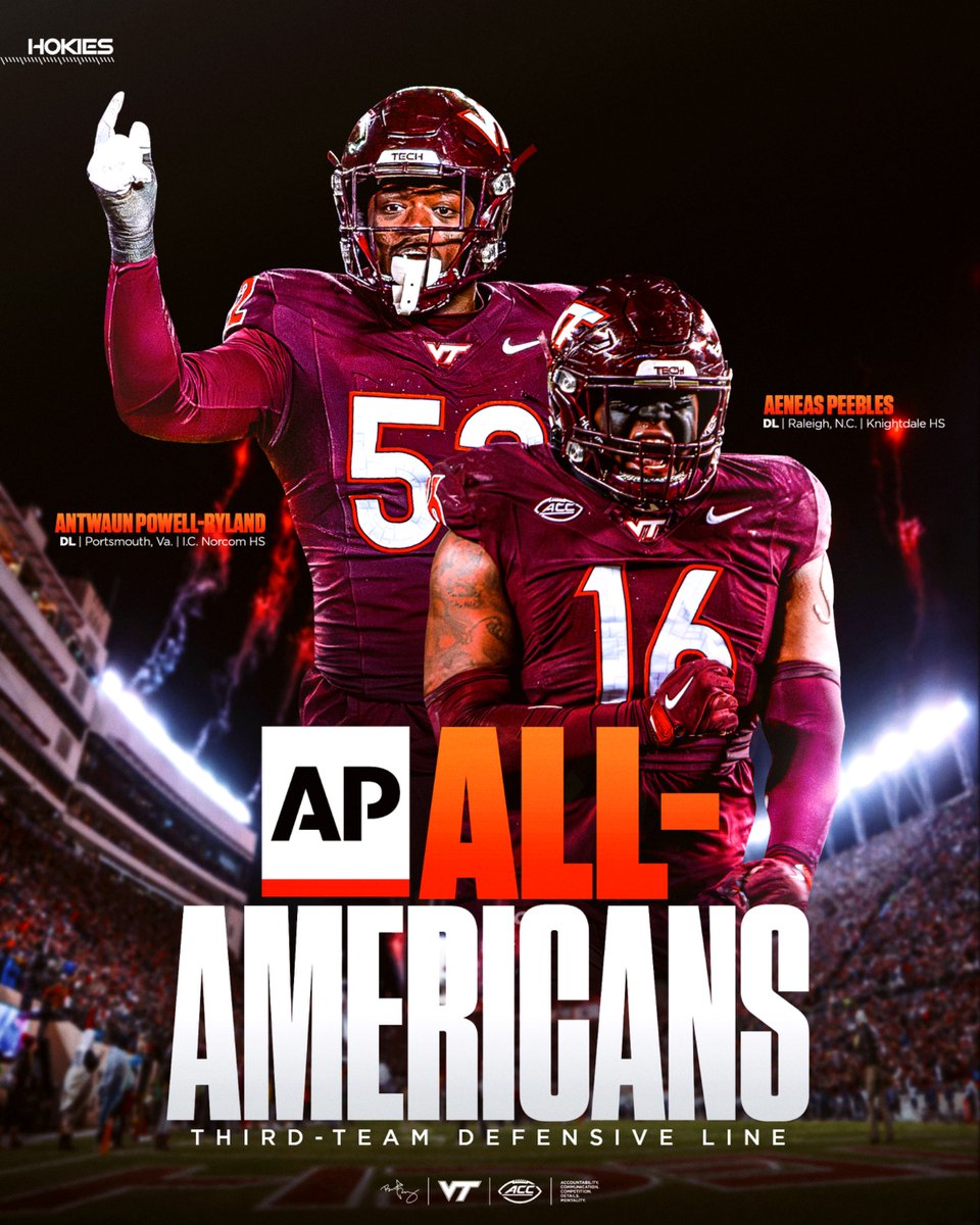 HokiesFB's tweet photo. 𝐀𝐏 𝐀𝐥𝐥-𝐀𝐦𝐞𝐫𝐢𝐜𝐚𝐧𝐬 🫡 

Congratulations to @TwaunPowell  &amp; @Ae9eas on being named third team DL AP All-Americans 👏

#ThisIsHome https://t.co/x1SWJRzhCB