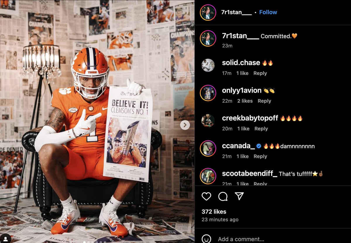 Jon_Blau's tweet photo. It happened.

Clemson has added a receiver from the transfer portal, Tristan Smith from Southeast Missouri State. https://t.co/8RJmyr8eUX