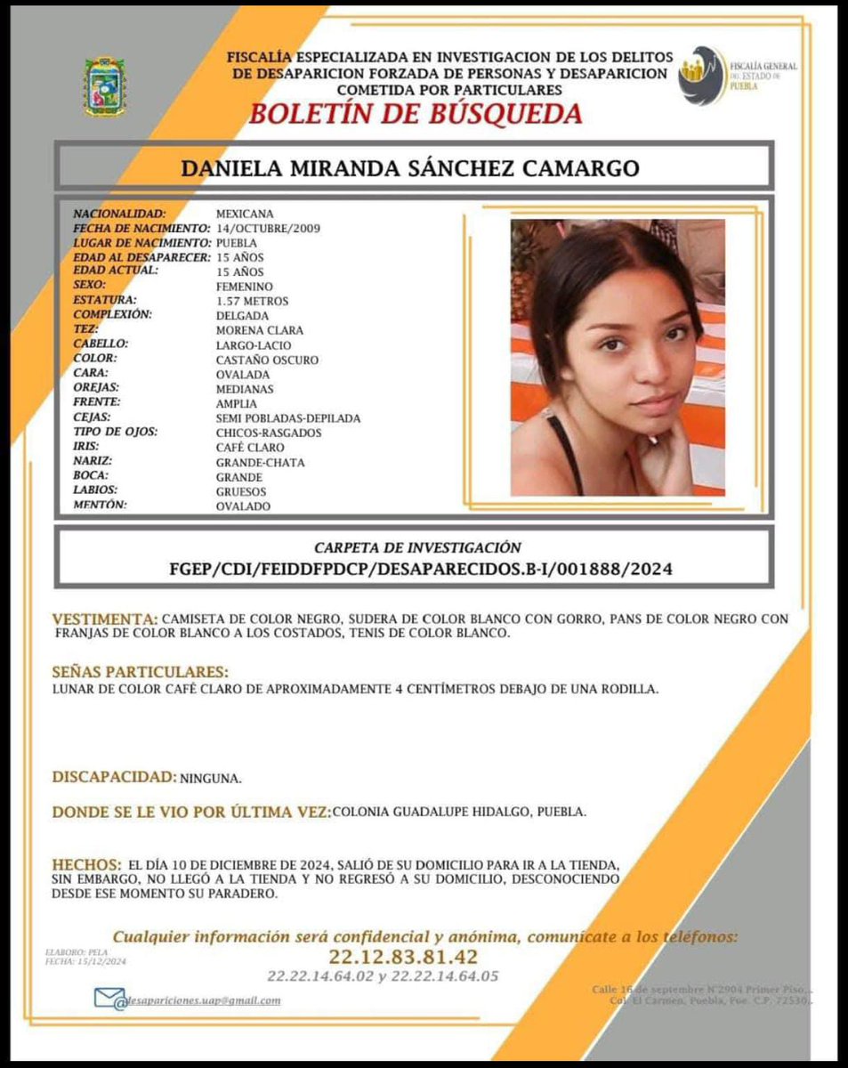 laredcincoradio's tweet photo. #ServicioSocial 🔎 || Se solicita la ayuda de la ciudadanía para localizar Daniela Miranda Sánchez Camargo, fue vista por última vez el 10 de diciembre en la colonia Guadalupe Hidalgo, Pue. #LocalizaA #SeBuscaA #Desaparecida https://t.co/CQulXDVGqz