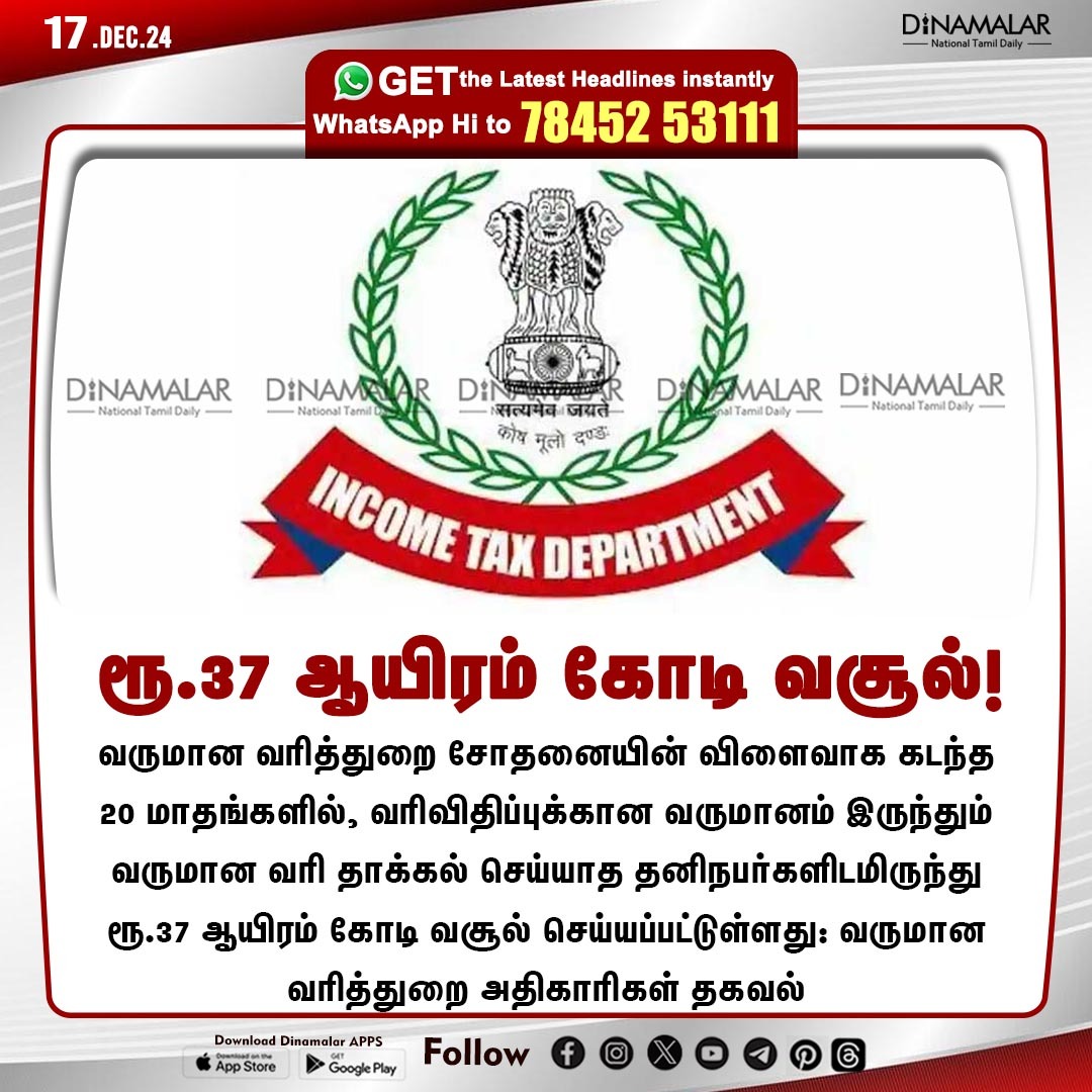 dinamalarweb's tweet image. ரூ.37 ஆயிரம் கோடி வசூல்!
#IncomeTaxDepartment | #Income | #individuals
dinamalar.com