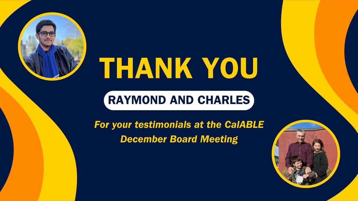 wearecalable's tweet photo. Another highlight from CalABLE's Board Meeting last week were testimonials from CalABLE Ambassadors Charles and Raymond! Thank you both for attending the Board Meeting and sharing what CalABLE means to you!

#CalABLE #Disability #ABLEaccounts #Testimonial

@CalTreasurer https://t.co/La2QDOKoPq