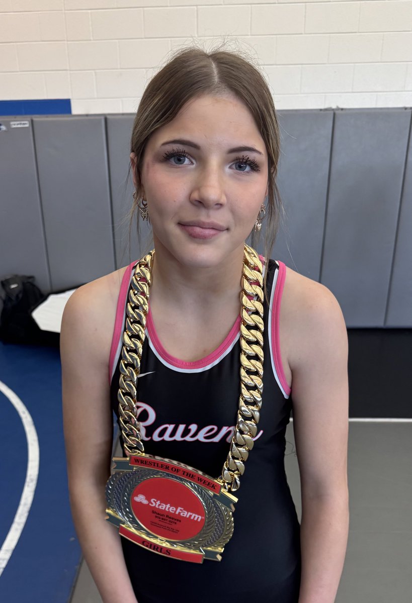 Our State Farm Wrestler of the week is Megan Vasquez!!
This rising Junior won the 125 pound bracket at RavenMania!! After a successful offseason, Megan is leading our team in wins and 3pt Nearfall!! 
Thanks to Shaun Reeves from State Farm for the medal @spage_onw