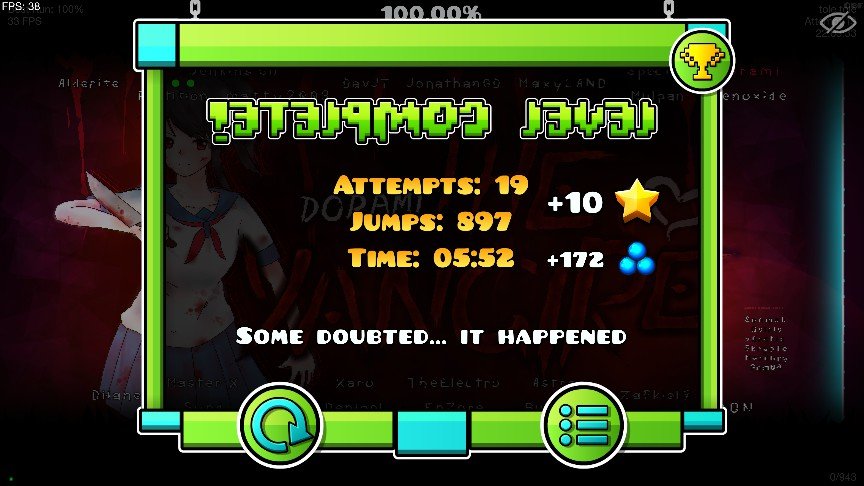 KaiGuyGD's tweet image. THE YANGIRE 100% | NEW HARDEST | 29.568 ATTEMPTS
3 meses, tenía altibajos siempre, de alguna forma logré flukearme el último 18% y no puedo creer que haya sacado 2 hardest este año...
Dedicado a ustedes que me han apoyado siempre, THE YANGIRE ABATIDO MIERDAAA GRACIAS A TODOS ❤️