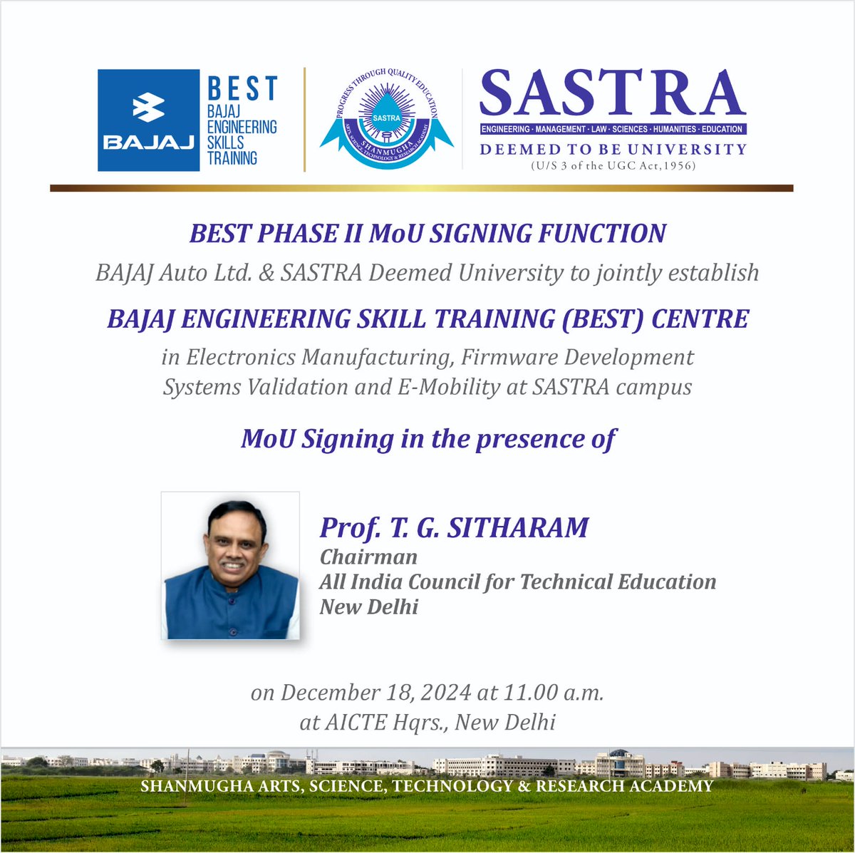 S.Vaidhyasubramaniam (@svaidhyasubrama) on Twitter photo After the success of BAJAJ's BEST centre in Advanced Mfg <a href="/SastraUniv/">SASTRA Deemed University</a>, this Phase 2 will be one of its kind i Indian HEI for Semicon Mfg Value Chain. Thank you <a href="/motorcycleyogi/">Rajiv Bajaj</a> & <a href="/AICTE_INDIA/">AICTE</a> & assuring our best as always. <a href="/dpradhanbjp/">Dharmendra Pradhan</a> ji <a href="/SITHARAMtg/">TG SITHARAM</a> <a href="/adsahasrabudhe/">Anil Sahasrabudhe</a> <a href="/mamidala90/">Mamidala Jagadesh Kumar</a> After the success of BAJAJ's BEST centre in Advanced Mfg <a href="/SastraUniv/">SASTRA Deemed University</a>, this Phase 2 will be one of its kind i Indian HEI for Semicon Mfg Value Chain. Thank you <a href="/motorcycleyogi/">Rajiv Bajaj</a> & <a href="/AICTE_INDIA/">AICTE</a> & assuring our best as always. <a href="/dpradhanbjp/">Dharmendra Pradhan</a> ji <a href="/SITHARAMtg/">TG SITHARAM</a> <a href="/adsahasrabudhe/">Anil Sahasrabudhe</a> <a href="/mamidala90/">Mamidala Jagadesh Kumar</a>