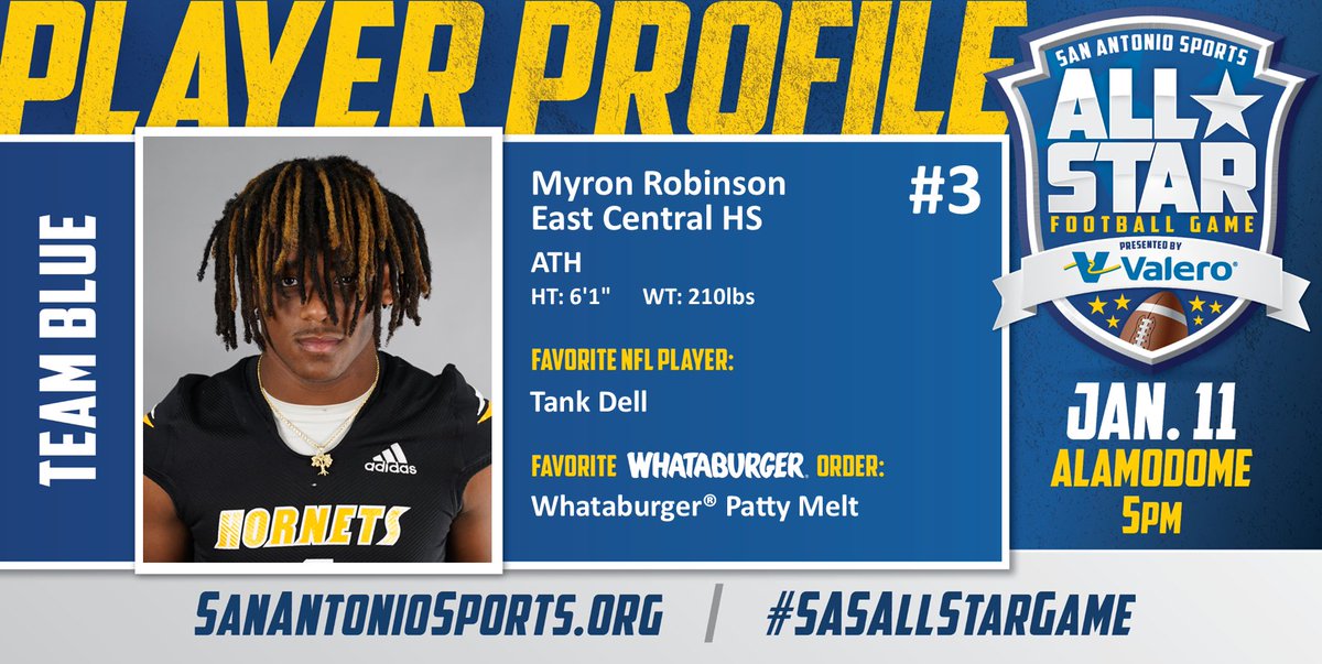 San Antonio Sports (@sa_sports) on Twitter photo Meet <a href="/10MyronRobinson/">Myron Robinson</a> from <a href="/ECHShornets/">ECHS</a> who will compete in the San Antonio Sports All-Star Football Game pres. by <a href="/ValeroEnergy/">Valero</a> at the Alamodome on Jan. 11! #SASAllStarGame <a href="/Whataburger/">Whataburger®</a> <a href="/Tankdell4/">Flash1x⚡️</a>
<a href="/ECISDtweets/">East Central ISD</a>
<a href="/_ECAthletics/">ECHS Hornet Athletics</a>
<a href="/_ECFootball/">EC Hornet Football</a> Meet <a href="/10MyronRobinson/">Myron Robinson</a> from <a href="/ECHShornets/">ECHS</a> who will compete in the San Antonio Sports All-Star Football Game pres. by <a href="/ValeroEnergy/">Valero</a> at the Alamodome on Jan. 11! #SASAllStarGame <a href="/Whataburger/">Whataburger®</a> <a href="/Tankdell4/">Flash1x⚡️</a>
<a href="/ECISDtweets/">East Central ISD</a>
<a href="/_ECAthletics/">ECHS Hornet Athletics</a>
<a href="/_ECFootball/">EC Hornet Football</a>