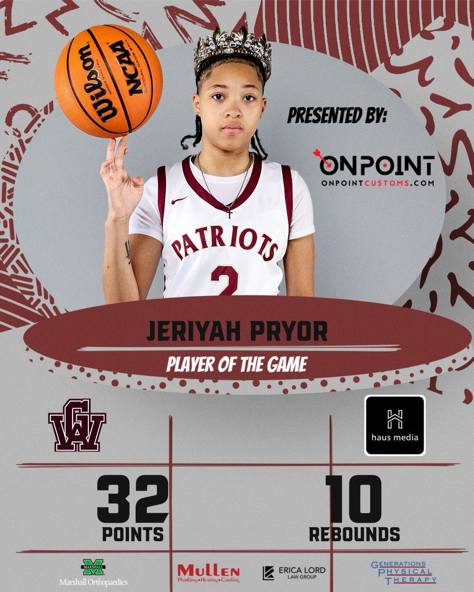 haus media (@haus_media) on Twitter photo <a href="/haus_media/">haus media</a> Player of the Game & Final Score
George Washington’s <a href="/JeriyahPryor/">Jeriyah Pryor</a> who had a double-double 32 points and 10 rebounds to help the Lady Patriots defeat South Charleston‼️
Presented by: OnPoint Custom , Mullen Plumbing & hvac , Erica Lord Law Group , <a href="/GenerationsPT/">GenerationsPT</a> , <a href="/haus_media/">haus media</a> Player of the Game & Final Score
George Washington’s <a href="/JeriyahPryor/">Jeriyah Pryor</a> who had a double-double 32 points and 10 rebounds to help the Lady Patriots defeat South Charleston‼️
Presented by: OnPoint Custom , Mullen Plumbing & hvac , Erica Lord Law Group , <a href="/GenerationsPT/">GenerationsPT</a> ,