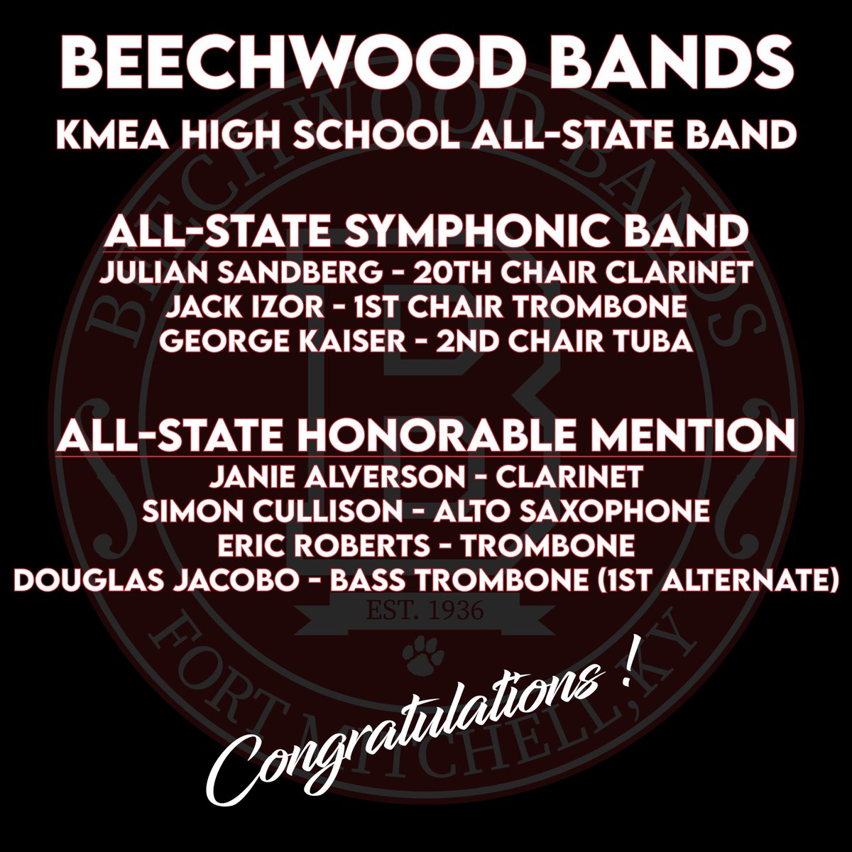BeechwoodBands's tweet photo. Congratulations to the three Beechwood Band students who earned placement in the KMEA All-State Band and the four students who were named KMEA All-State Honorable Mention!

#wearebeechwood
#kmea https://t.co/f7cWI5ETXq