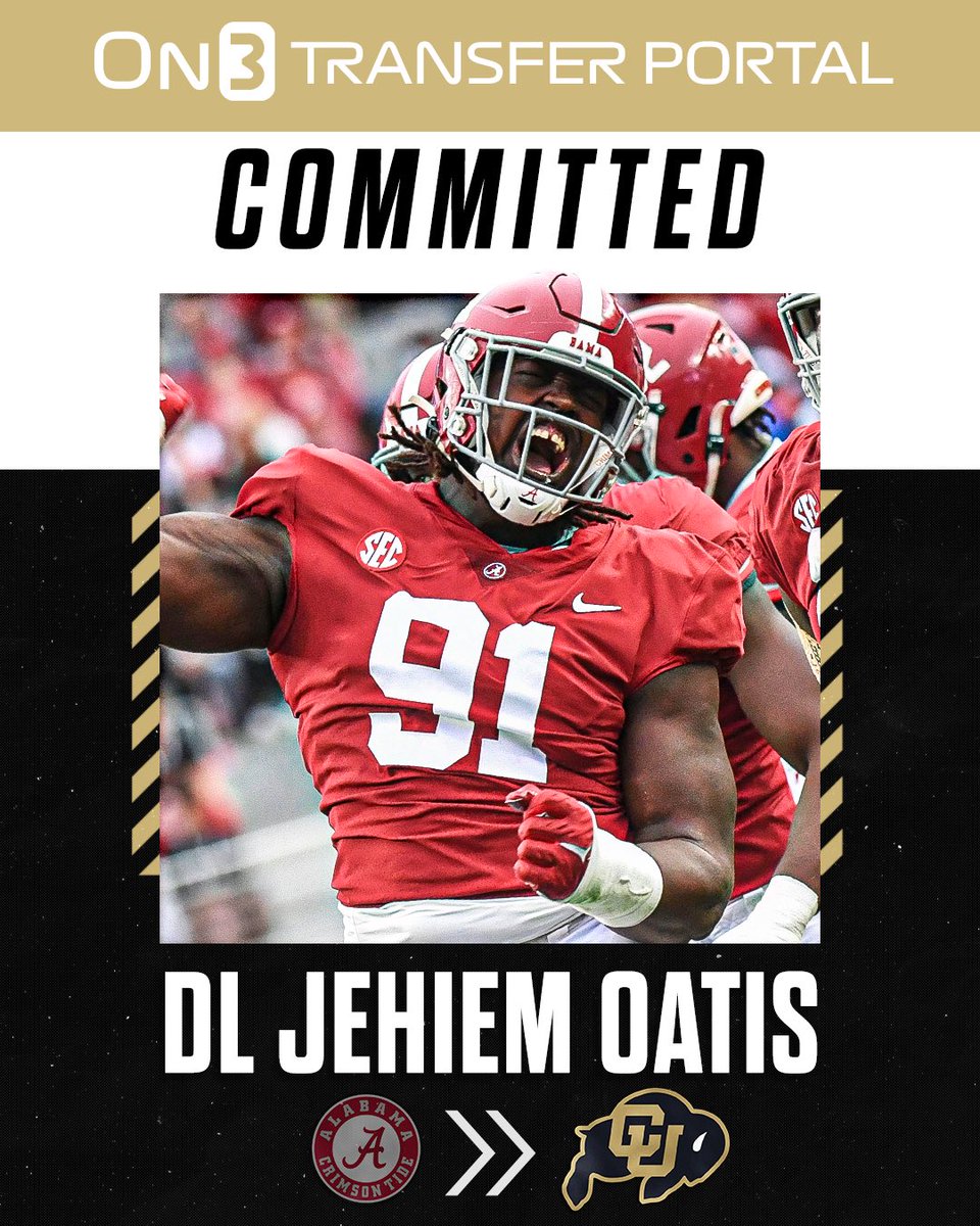 On3's tweet image. BREAKING: Alabama transfer DL Jeheim Oatis has committed to Colorado, per @Hayesfawcett3🦬

on3.com/college/colora…