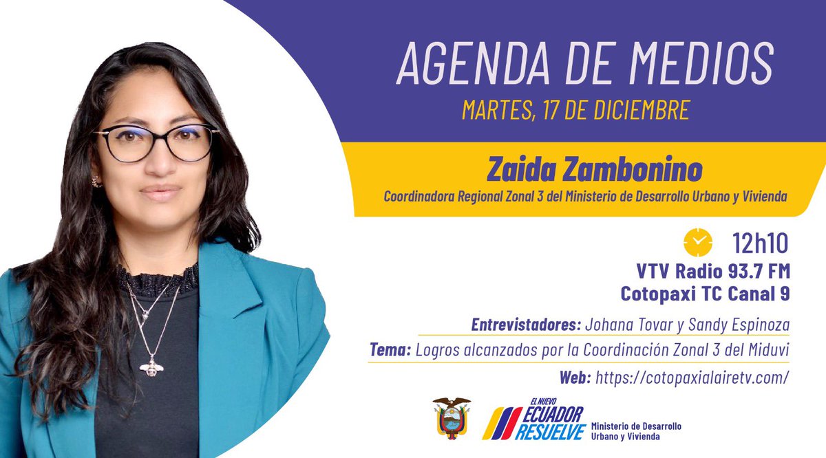 ViviendaEc's tweet photo. #EnMedios 🎙️ | ¡Conoce más sobre nuestra gestión! 🏡🇪🇨
Mañana, sigue la entrevista que nuestra Coordinadora Regional #Zonal3 mantendrá en VTV Radio y Cotopaxi TC.
⏰ 12h10
🏡 Tema: Logros alcanzados por el #Miduvi
#ElNuevoEcuadorResuelve 🤝 https://t.co/Vn3gREOqWC