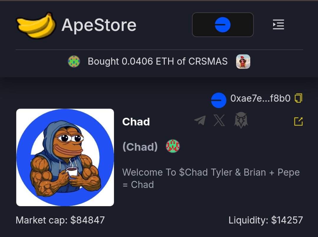 ChadOnBasex's tweet photo. Would Really like to take this Moment to thank the #Apestore team for there wonderful platform https://t.co/u0Wh7ba7MD

We are only 3 Days Old

@apedotstore

As many know we wasn't there long with a quick Bond thanks to the #Chads

Our Journey & Our story is in the Youth Phase we are, and will continue to grow!

We the team appreciate all the chads still holding and we have tons of new art and a Story Arc that is about to unfold!!!

Let the $Chad Journey begin!!